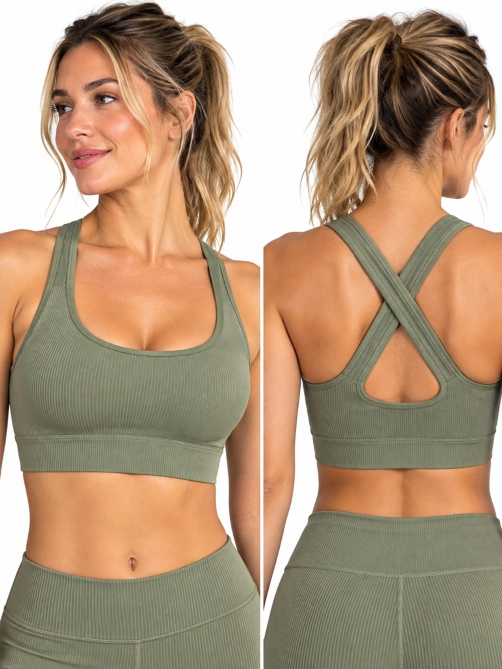 New - Athleta Ribbed Aurora Scoop D-DD Sports Bra in Olive Green | Mult Sizes - Picture 2 of 9